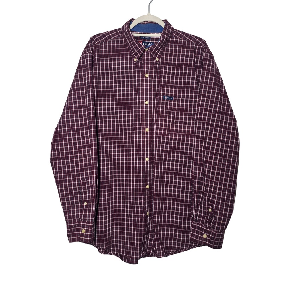 Chaps Mens Large Plaid Button Down Shirt Burgundy Navy Easy Care Long Sleeve